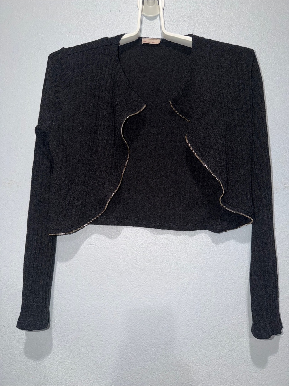 Fashion Magazine Black Cropped Ribbed Zip-Trim Cardigan